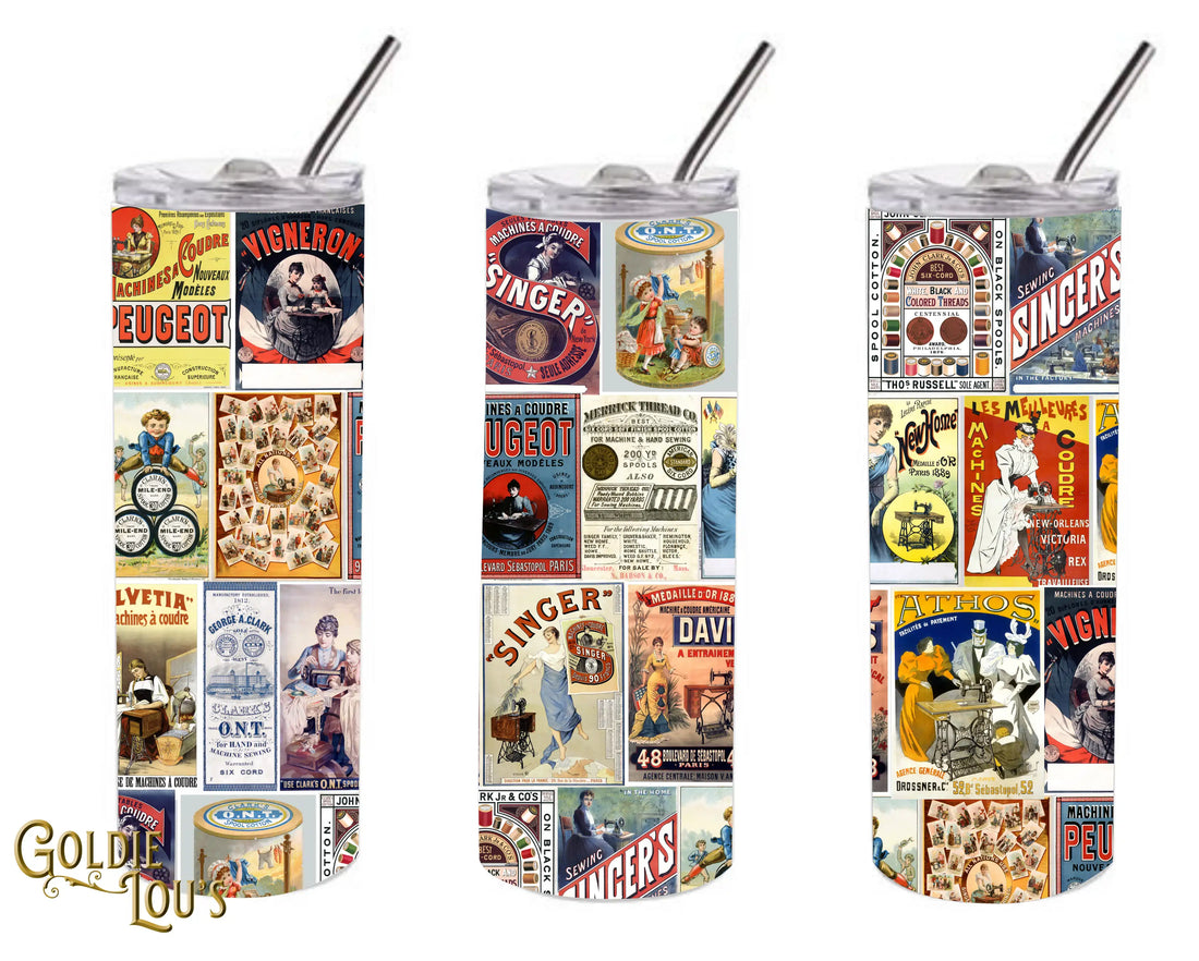 Old Sewing Labels Skinny Tumbler